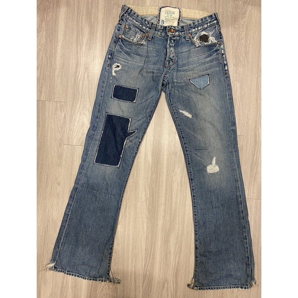 VTG Vintage GUESS Patch Work Jeans Womens 30 Button Fly Distressed Wide USA Made